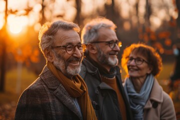 Portrait of a smiling senior couple in the autumn park. Happy family walking in the park.