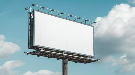 Blank billboard mockup against blue sky background for advertisement.