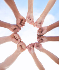 Hands, circle and fist bump for team with sky, support or solidarity for connection, link and...