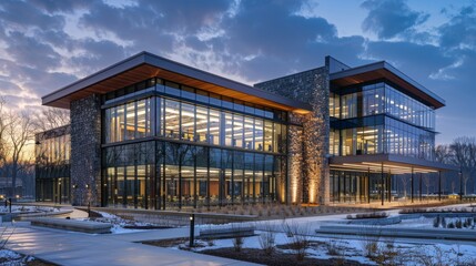 Obraz premium An office building featuring a mix of rustic stone and contemporary glass materials.