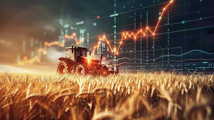 A tractor in a field, harvesting crops while stock charts depicting agricultural product costs float in the background