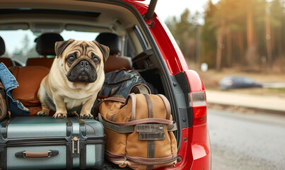 Adorable Pug Waiting in Car Trunk Full of Luggage on a Roadside, Perfect Start to Pet-Friendly Travel Adventure at Sunset