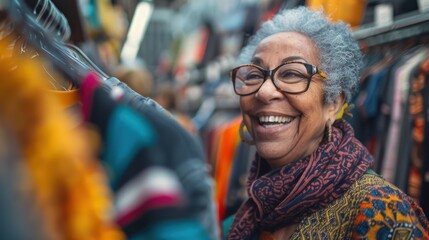 Obraz premium A woman is smiling while looking at clothes in a store