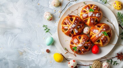 Easter treats: Cross buns with raisins and decorated eggs on white.