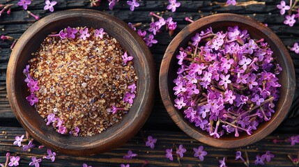   Two bowls of purple flowers sit atop wooden tables, one filled and the other empty
