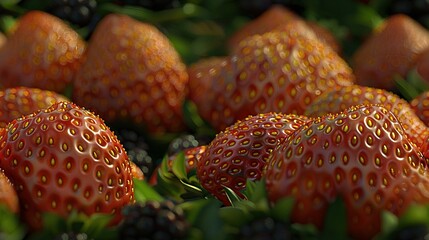   A close-up shot of several strawberries with blackberries nestled beneath them