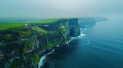 Aerial view of the Cliffs of Moher in Ireland, with their dramatic sheer drops into the Atlantic...