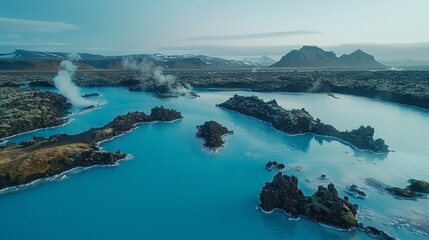 Aerial view of the Blue Lagoon in Iceland, with its milky blue geothermal waters surrounded by black lava fields and distant mountains.     