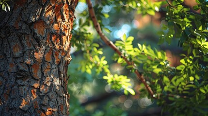 Obraz premium Close-up View of Tree Bark with Leaves Background