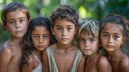Fototapeta premium A line of barefoot children with varied expressions standing outdoors, highlighting natural childhood