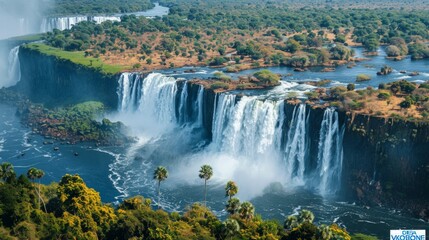 Aerial view of Victoria Falls on the border of Zambia and Zimbabwe, with the massive waterfall plunging into the Zambezi River amidst lush rainforest.     