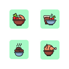 Serving dishes line icon set. Escargot and vegetables, hot vegetables soup, patties and roast turkey. Food concept. Vector illustration for web design