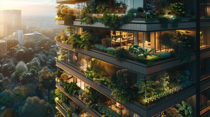An elegant office tower with terraced gardens on every floor.