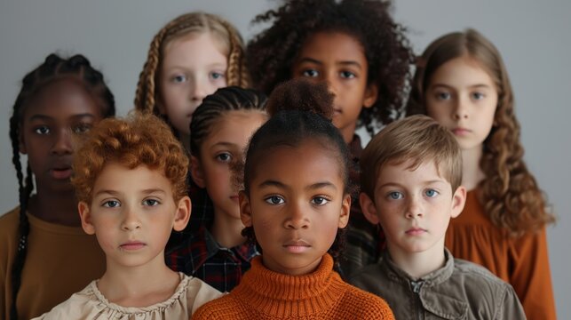 Portrait of a diverse group of children with neutral expressions, illustrating childhood and cultural diversity
