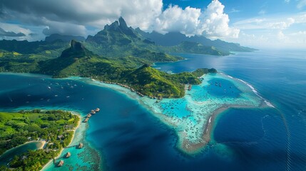 Aerial view of Bora Bora in French Polynesia, with its turquoise lagoon, coral reefs, and overwater bungalows surrounded by the Pacific Ocean.     