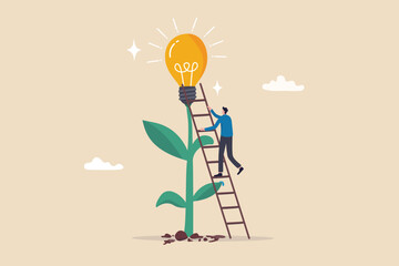 Creativity idea, solution or persuade success, climb up career ladder or business growth, improvement progress, personal development concept, businessman climb up ladder to reach lightbulb grow plant.