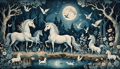 Horse and Wild Life in Mystic Cyanotype Landscape