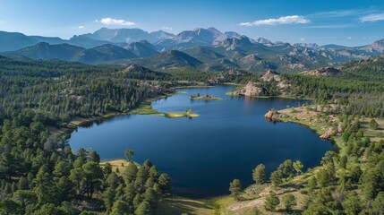 Aerial view of the Rocky Mountains in Colorado, USA, showcasing the rugged peaks, deep valleys, and alpine lakes with lush forests.     