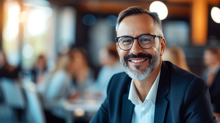 Obraz premium Smiling CEO at Networking Event in Blurred Social, Smiling CEO, networking event, blurred social.