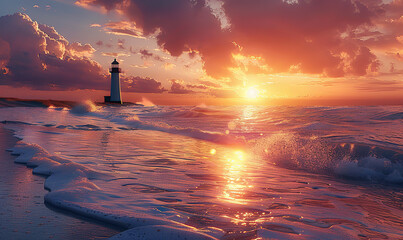 A captivating seascape with a lighthouse against a sunset sky. Generate AI