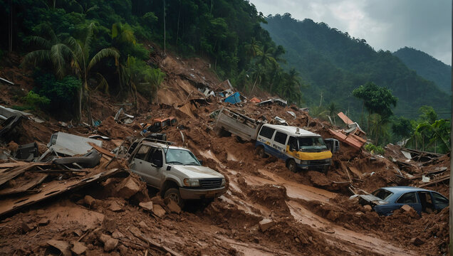 A mudslide aftermath showing debris-covered terrain with collapsed structures and uprooted trees.