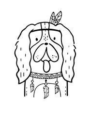 black silhouettes of stylized dogs with folk patterns and natural decorations. Vector black prints of puppys with a tribal boho pattern.