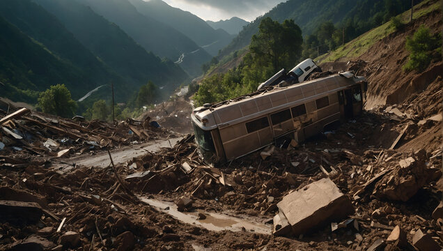 A mudslide aftermath showing debris-covered terrain with collapsed structures and uprooted trees.