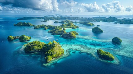 Aerial view of the Palau archipelago in the Pacific Ocean, featuring its stunning coral reefs, turquoise waters, and lush green islands.     