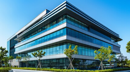 A modern office building with a facade designed to reduce urban heat island effect.