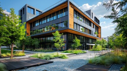 Obraz premium A modern office building with a facade designed to reduce urban heat island effect.