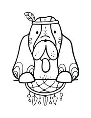 black silhouettes of stylized dogs with folk patterns and natural decorations. Vector black prints of various puppys with a tribal boho pattern.