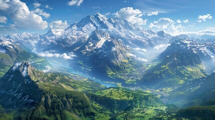 Aerial view of the Swiss Alps, featuring snow-capped peaks, deep valleys, and picturesque villages nestled among the mountains.     