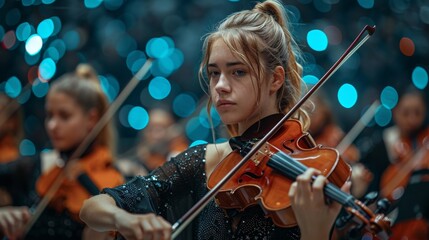 A young woman concentrating while playing violin in an orchestra with a bokeh background