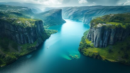 Aerial view of the Norwegian fjords, with their steep cliffs, deep blue waters, and surrounding lush green landscapes.     