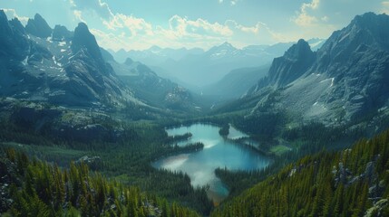 Aerial view of the Canadian Rockies, featuring towering peaks, glacial lakes, and dense pine forests stretching into the distance.     
