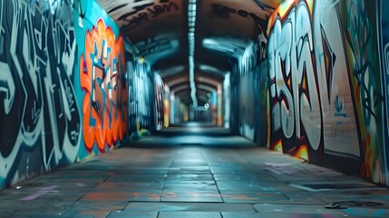 graffiti on the wall in the street , Colorful graffiti in a tunnel, a female view