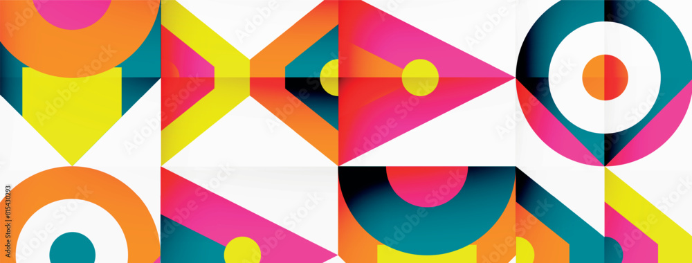 Poster a colorful geometric pattern with circles and triangles in symmetry on a white background, showcasin