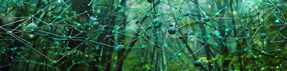 A digital tapestry featuring interconnected nodes in shades of green and teal