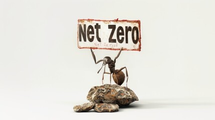 Obraz premium Ant Carrying 'Net Zero' Sign.