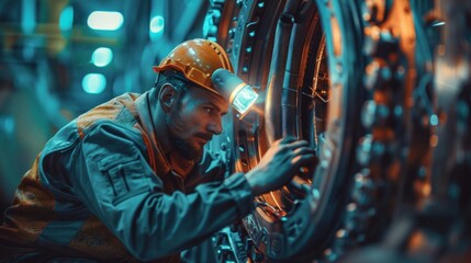 A mechanic wearing a headlamp fixing a dark, hard-to-reach area inside machinery. - Powered by Adobe