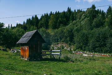 Wooden hotel in Carpathian mountains. Location: Zakarpattya region, Ukraine