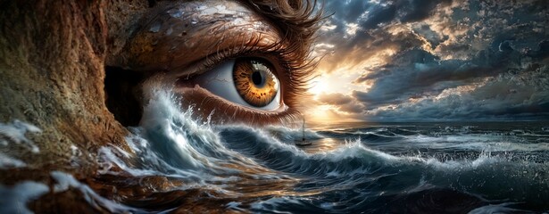 A person's eye is shown in the water, with the sun setting in the background