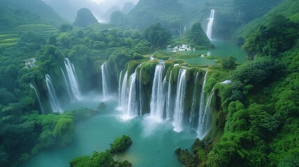 Aerial view of the Ban Gioc Waterfall in Vietnam, with its multi-tiered cascades plunging into a lush green valley.     