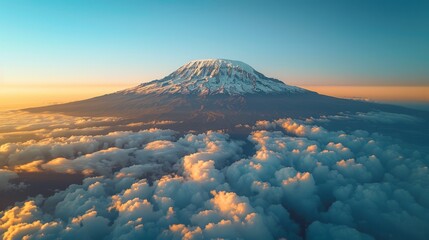 Aerial view of Mount Kilimanjaro in Tanzania, showcasing its snow-capped peak and the surrounding savannah landscape at sunrise.      - Powered by Adobe