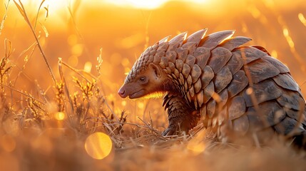 Obraz premium A quiet moment capturing a pangolin uncurling in the grasslands at sunset, its scales shimmering under the golden hour light