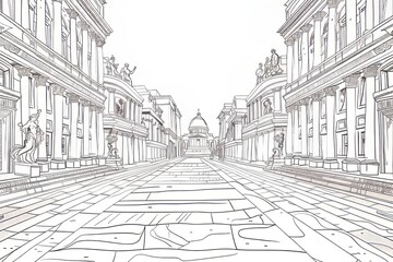 Cartoon cute doodles of a city square with buildings and statues, their forms diminishing towards two vanishing points on the horizon, Generative AI