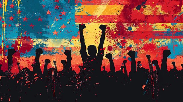 Artwork showing a powerful emotional moment in an American election, emphasizing the concepts of democracy and the collective power of the people