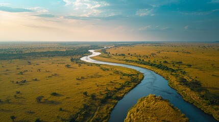 Aerial view of the Masai Mara National Reserve in Kenya, showcasing the vast savannah, diverse wildlife, and the winding Mara River.     