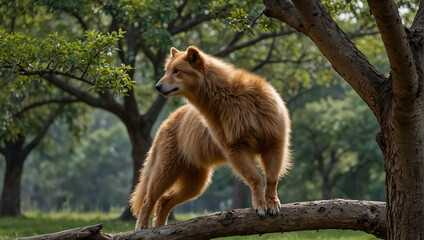 A white and gray spotted wolf-like dog is leaping through the air with a green forest in the background.

