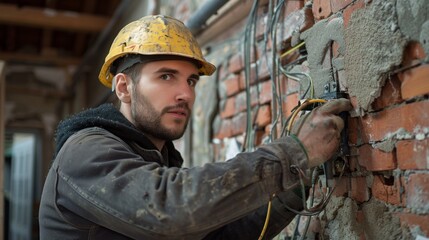 A mechanic replacing old wiring in a historic building renovation project.